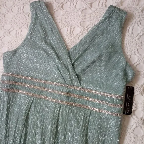 New R&M Richards Maxi Dress Fit Flare Aqua Blue Glitter Empire Waist 14 P Women - Picture 3 of 8